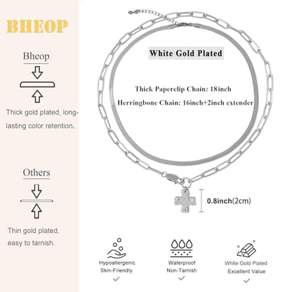 Bheop Chunky Cross Necklace for Women, 14K Gold Silver Statement Necklace | Sturdy Paperclip Chain, Hammered Pendant, Vintage Charm, Trendy Costume Jewelry, Faith Christian Religious Gift, Non Tarnish - style: SL-2PCS/0.8 inch Cross+Herringbone Necklace