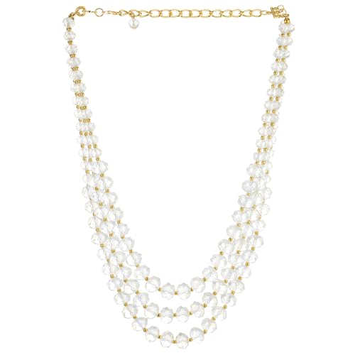COOLSTEELANDBEYOND Crystal Beaded Necklace for Women Gold Tone Tri-Layered Strand Necklace With Clear Faceted Beads Statement Jewelry