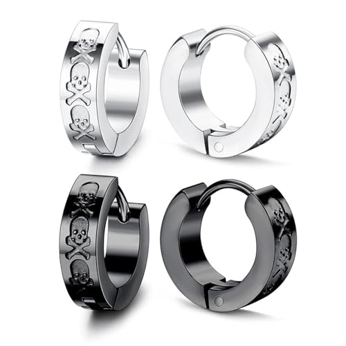 Aroncent 2-8Pcs Womens Mens Huggie Hoop Triangle Earrings Viking Runes Stainless Steel Ear Stud Novelty Black/Gold/Silver - color: D-Skull Hoop Earrings-2PCS