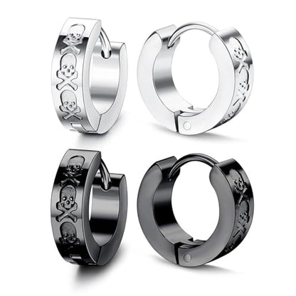 Aroncent 2-8Pcs Womens Mens Huggie Hoop Triangle Earrings Viking Runes Stainless Steel Ear Stud Novelty Black/Gold/Silver - color: D-Skull Hoop Earrings-2PCS
