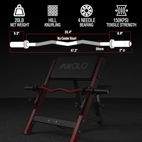 Mikolo EZ Curl Bar, 2 Inch Olympic Curl Bar for Biceps and Triceps, 47” Curling Bar with Knurled Grip, 700LB Barbell Bar with Multi-Angle Wrist-Friendly Design - color: Red