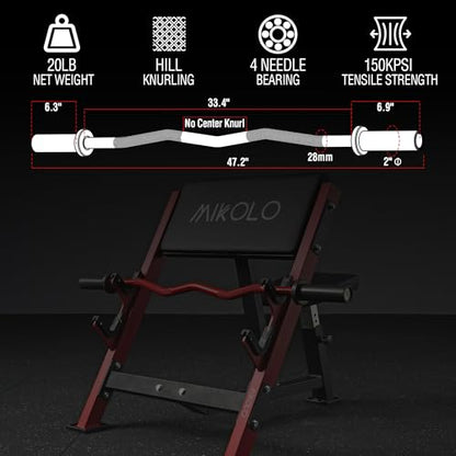 Mikolo EZ Curl Bar, 2 Inch Olympic Curl Bar for Biceps and Triceps, 47” Curling Bar with Knurled Grip, 700LB Barbell Bar with Multi-Angle Wrist-Friendly Design - color: Red