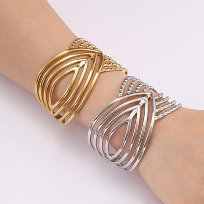 18K Gold Plated Stainless Steel Bracelet Irregular Geometric Multi-Layer Cuff Bracelet Bangles for Women Daily Outfits