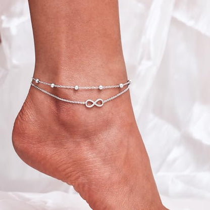 CHIC & ARTSY 925 Sterling Silver Ankle Bracelets for Women, Adjustable Layered Foot Chains with Nature & Symbol Charms, Lightweight Comfort Fit Boho Beach Everyday Jewelry - color: Infinity/silver
