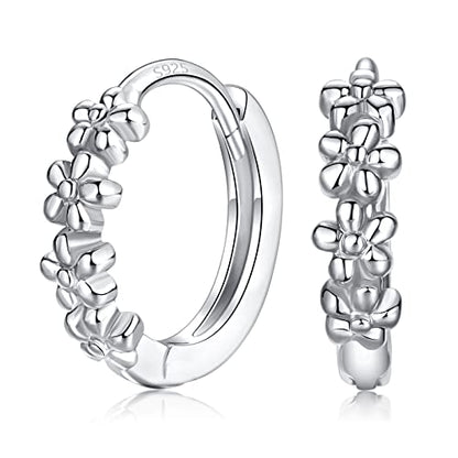 Sterling Silver Hoop Earrings for Women, Dainty Small Huggie Hoop Earrings | Hypoallergenic Daisy Color Cubic Zirconia Flower Hoops Earring Jewellery Gifts for Ladies Birthday Wedding, 12mm Hoop - color: Silver