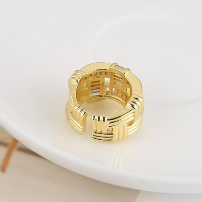 HZMAN 14K Gold Plated Open Ring for Women Brass Crystal Non Adjustable Statement Ring Collection - color: Clear Baguette Crystal