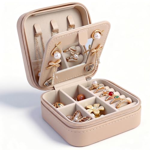 Travel Jewelry Case and Organizer with Mirror,Portable Mini Storage Box for Rings, Earrings, Necklaces, Gift for Mother Mom, Girl, Daughter, Sisters, Bridesmaids - color: Pink-1
