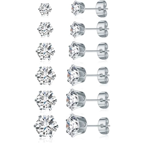 Gemsme 5 Pairs Princess Cut Cubic Zirconia Stud Earrings for Women/Men - 18K Gold Plated Hypoallergenic 3-7mm Square Clear CZ Earring Set - color: White Gold