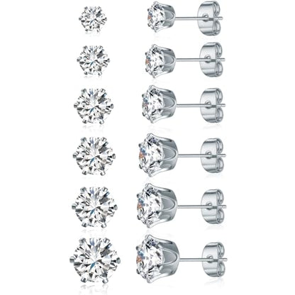 Gemsme 5 Pairs Princess Cut Cubic Zirconia Stud Earrings for Women/Men - 18K Gold Plated Hypoallergenic 3-7mm Square Clear CZ Earring Set - color: White Gold