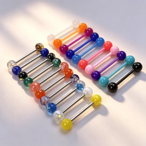 14G Flexible Plastic Tongue Ring Stainless Steel Tongue Barbell | Acrylic Cat's Eye Imitation Opal Glow in Dark Tongue Piercing Jewelry for Women Men 16mm Bar - style: 20PCS