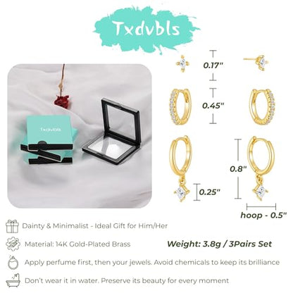 Earrings for Men 14K Gold Plated Hypoallergenic Mens Hoop Earrings | Cubic Zirconia Round/Square Stud with Huggie Hoop Earring Set,Mens Cartilage Studs for Sensitive Ear,Jewelry Gift for Him - color: Gold 3Pairs CZ Earrings Set