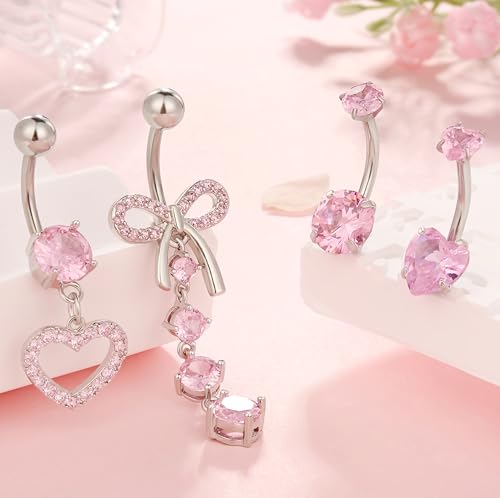 Zankulas Dangle Belly Button Rings Piercing Jewelry for Women Surgical Stainless Steel Dangling Belly Ring Pack with Heart Bow Elements 14g
