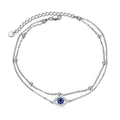 POPLYKE 925 Sterling Silver Double Layered Chain Evil Eye Daisy Sunflower Butterfly Anklets for Women Holiday Beach Crystal Ankle Bracelet Dainty Evil Eye Jewelry - style: Evil Eye Anklet
