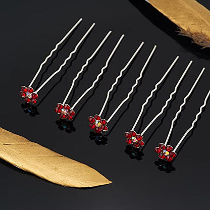 QIUTIMIY 20 Pack (Red) Crystal Flower Hair Pins Rhinestone Hair Clips for Bridal Wedding Women Hair Jewelry Accessories, with Clear Container - color: Crystal Flower-Red