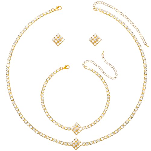 NEWITIN 4 Pieces Crystal Jewelry Set for Women Wedding Costume Accessories | Hypoallergenic, Cubic Zirconia, Necklace Earrings Bracelet, Tennis, Silver Jewelry for Wedding Bride Bridesmaid Party Prom - color: Gold Trendy