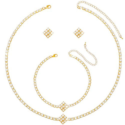 NEWITIN 4 Pieces Crystal Jewelry Set for Women Wedding Costume Accessories | Hypoallergenic, Cubic Zirconia, Necklace Earrings Bracelet, Tennis, Silver Jewelry for Wedding Bride Bridesmaid Party Prom - color: Gold Trendy
