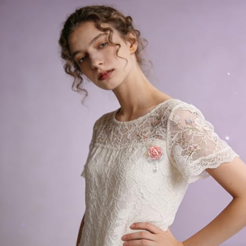 Handmade Elegant Red Rose Flower Brooch Pin for Women Crystal Pearl Fabric Flower Lapel Pin Dress Suit Accessories - color: Pink B