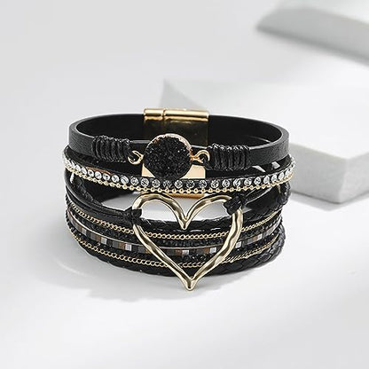 Fesciory Leather Wrap Bracelet for Women, Boho Western Layered Cuff Jewelry | Stackable Bracelets, Easy-On Clasp, Daily Wear, Pairs with Boho Western Outfits, Gift for Women - color: Black1