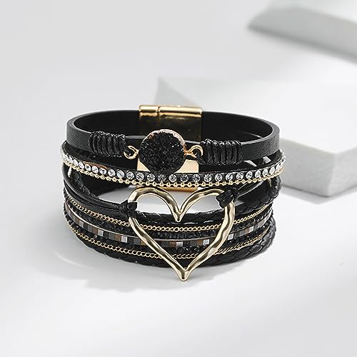 Fesciory Leather Wrap Bracelet for Women, Boho Western Layered Cuff Jewelry | Stackable Bracelets, Easy-On Clasp, Daily Wear, Pairs with Boho Western Outfits, Gift for Women - color: Black1