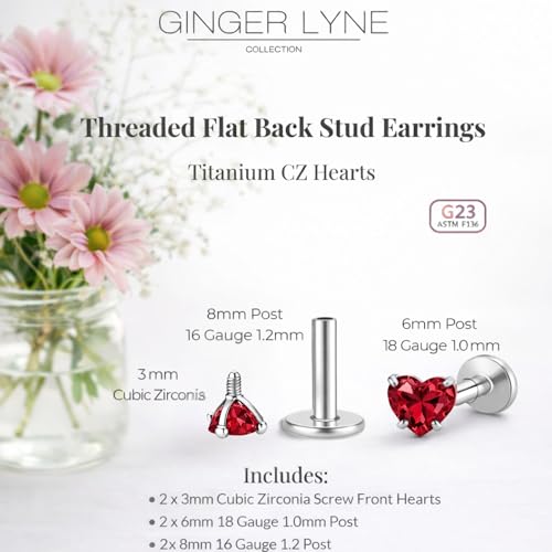 Titanium Heart CZ Labret Stud Earrings for Piercings by Ginger Lyne 6Pc Set G23 Screw Front Flat Back Body Jewelry 2 pair post 6mm, 8mm Cartilage, Helix, Tragus, Lip, Conch, Lobe - color: 3mm-Red