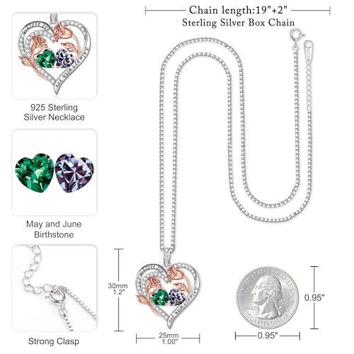 Iefil Birthstone Necklace for Women - Rose Heart Necklace | 925 Sterling Silver, Gift Box Packaging, Anniversary Birthday Gifts for Wife Mom Daughter - color: 05-06-May-Jun Birthstone