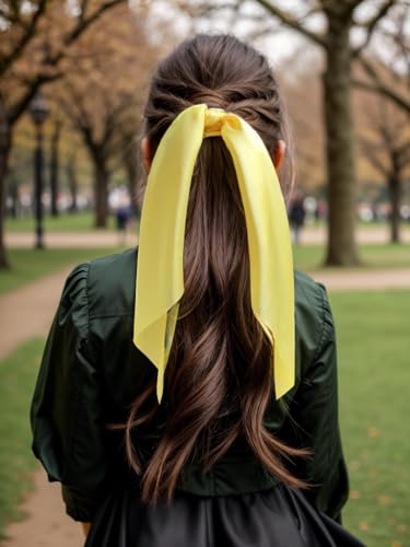 Pack of 2 Knotted Bow Hair Scrunchies Elastic Hair Scarf Hair Ties Bands Satin Hair Ribbon Scrunchy Ponytail Holder for Women and Girls, Hair Scarf Scrunchies,Hair Accessories(Yellow) - color: Yellow