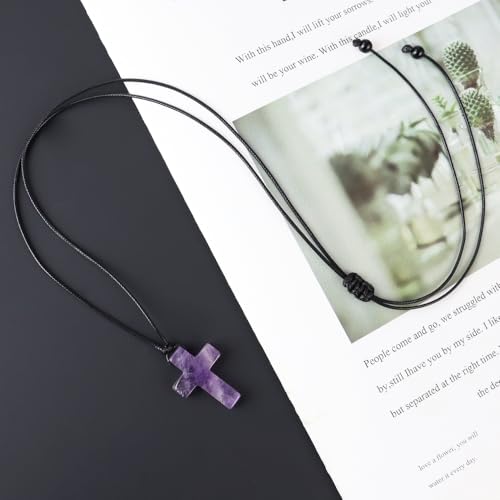 FANASY Natural Gemstone Pendant Necklace for Men Healing Crystal Pendant Adjustable Black Rope Necklace Jewelry Gifts for Women Men - color: X- Cross Amethyst