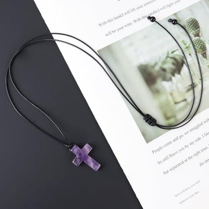 FANASY Natural Gemstone Pendant Necklace for Men Healing Crystal Pendant Adjustable Black Rope Necklace Jewelry Gifts for Women Men - color: X- Cross Amethyst