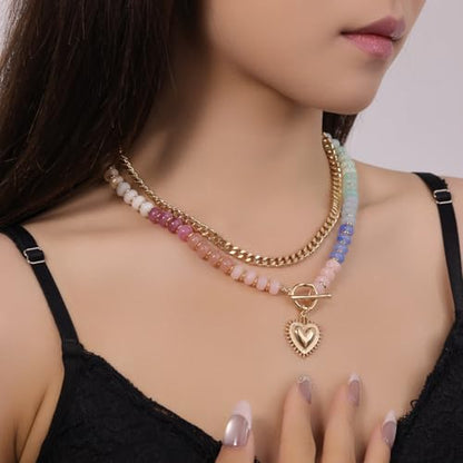 Colorful Acrylic Beaded Necklace For Women, Boho Double Layer Rainbow Beads Thick Cuban Chain Chunky Heart Pendant Statement Choker Summer Beach Jewelry Gift - color: Colorful Beaded Gold