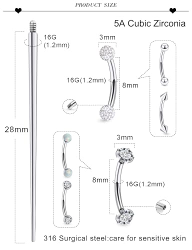 16G Eyebrow Ring Piercing Jewelry Surgical Steel CZ Opal Ball Spike Curved Barbell Vertical Labret Lip Ring Rook Daith Earrings Belly Button Ring Piercing Jewelry for Women Men 6MM 8MM 10MM - color: Silver, size: 16G, 8mm Length