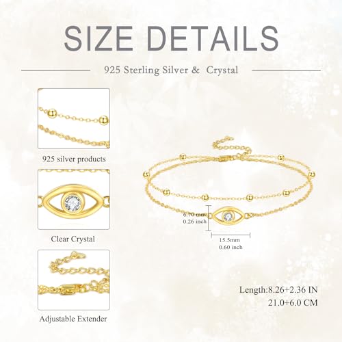 POPLYKE 925 Sterling Silver Double Layered Chain Evil Eye Daisy Sunflower Butterfly Anklets for Women Holiday Beach Crystal Ankle Bracelet Dainty Evil Eye Jewelry - style: Gold plated Evil Eye Anklet