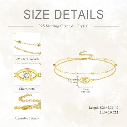 POPLYKE 925 Sterling Silver Double Layered Chain Evil Eye Daisy Sunflower Butterfly Anklets for Women Holiday Beach Crystal Ankle Bracelet Dainty Evil Eye Jewelry - style: Gold plated Evil Eye Anklet