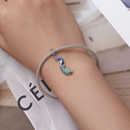 BISAER 925 Sterling Silver Charms for Bracelets Cat Dog Sloth Animal Beads Butterfly Fairy Heart Dangle Pendant Charms - color: Peacock