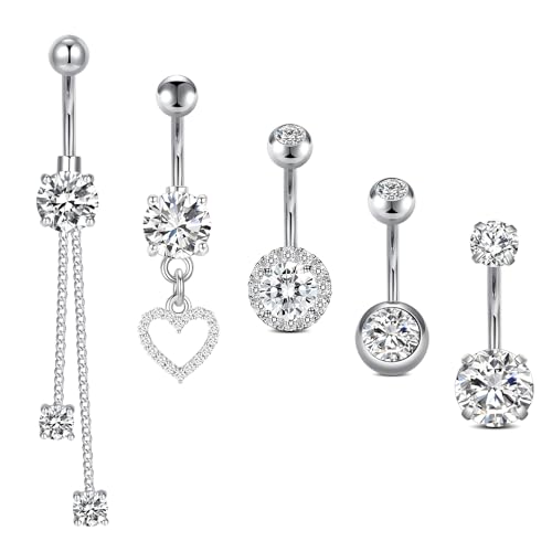 Incaton 14G Cute Heart Stainless Steel Belly Button Rings Belly Piercing Jewelry Diamond Belly Rings for Women Navel Piercing Jewelry - color: 5pcs Silver