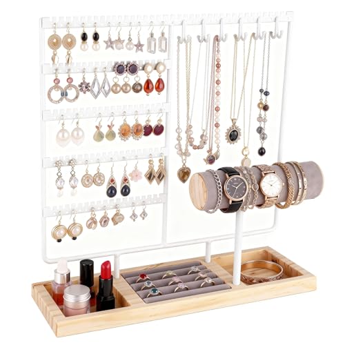 Ciormis Jewelry Organizer Stand， 5-Tier Earring Holder for Women and Girls | Earring Organizer with 72 Holes and 12 Hooks, Jewelry Organizer for Earrings and Necklace Holder, Ring and Bracelet Display - color: White-new