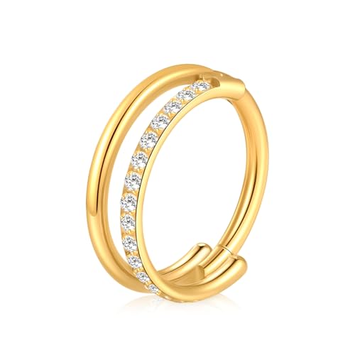 Xpircn ASTM F136 Titanium Double Hoop Septum Click Nose Rings Lip Rook Lobe Tragus Helix Cartilage Daith Conch Earrings Clear CZ Paved Nose Piercing Jewelry for Women Men - color: CZ Double Rings Gold, size: 16G 12mm