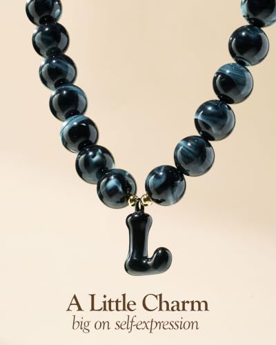 DoDoBeads Chunky Colorful Beaded Initial Necklace, Bubble Letter Choker | Gift box and dust pouch included; waterproof and sweat-resistant with real gold plated stainless steel hardware - color: Black-L
