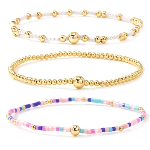 Gold Beaded Bracelet Stack for Women Colorful Small Seed Beads Bracelets Set Boho 14K Gold Plated Ball Stackable Stretch Non-Tarnish Dainty Jewelry Trendy Accessory Friendship Gift - color: pink purple and white