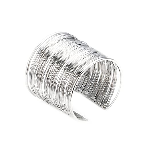 COLORFUL BLING Punk Alloy Hollow Geometric Smooth Polished Gold Hoop Open Cuff Wide Bracelet Bangle Wrist Jewelry for Women Lady - color: 2pcs silver thread