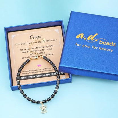 Natural Gemstone Healing Crystal Dainty Charms Bracelet Adjustable Chain Extender Minimalist Jewelry - color: Black Onyx + Angel