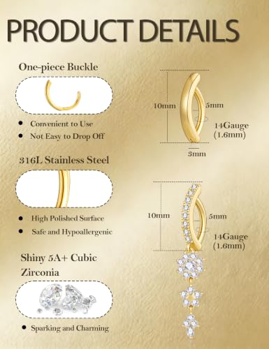 Apsvo 2Pcs Belly Button Ring for Women Surgical Steel CZ Clicker Belly Rings Hoop Teardrop Heart Dangle Belly Button Piercing Simple Reverse Navel Piercing Jewelry 14G - color: Gold-Dangle