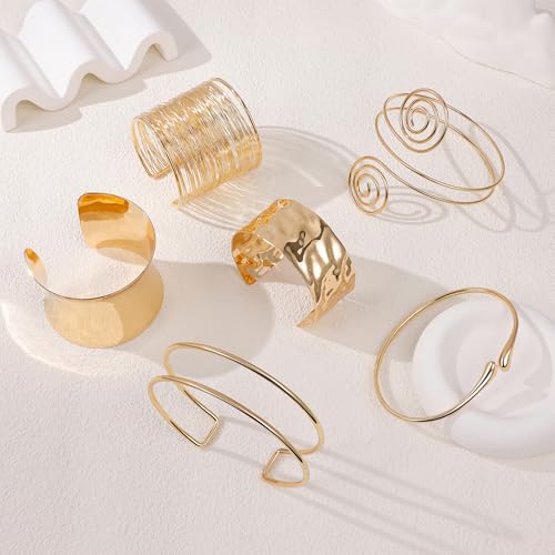 6 Pieces Upper Arm Cuff Arm Band Cuff Bangle Bracelet for Women Hammered Chunky Bracelets Open Wide Wire Bracelets Minimalist Coil Bangle Set Gold Sliver Wrist Cuff Wrap Bracelet Adjustable - color: Gold Cuff Bracelets A