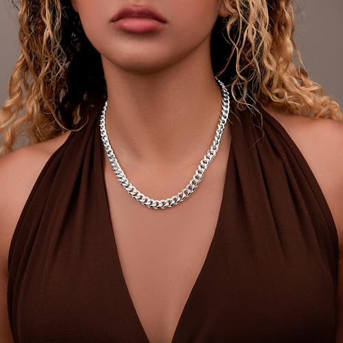 WomenGifts Cuban Link Chain Necklace for Women, Waterproof 14k Gold Silver Plated Chain Choker, Non Tarnish Stainless Steel Jewelry, 3.5/5/6/8/11mm,14/16/18 Inch Thin&Chunky&Thick - color: Silver, style: 8MM-18"