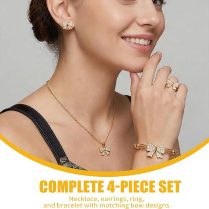 1 Set 4 Pcs Bow Jewelry Set Silver-tone Rhinestone Adjustable Bow Necklace, Earrings, Bracelet, Ring for Women, Party, Daily - color: Gold