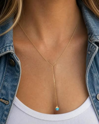 Lariat Necklace for Women Dainty Gold Long Crystal Drop Y-Shaped Necklace | 14k Gold Plated Crystal Drop Necklace Trendy Non Tarnish Simple Gold Jewelry For Wedding, Prom, Daily - color: Turquoise