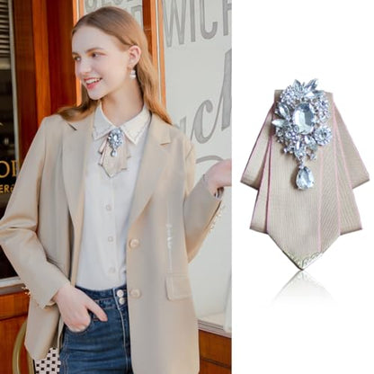 Crystal Bow tie Brooches Collar Pin Jewelry ribbon Fabric Bowknot Pre Tied Neck Tie For men Women wedding bridegroom - color: Beige