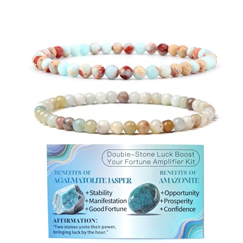 4mm 6mm 8mm Healing Crystal Bracelets for Women Men Natural Stone Beaded Stretch Bracelet Handmade Gemstone Reiki Spiritual Jewelry Gifts - color: Amazonite+Agalmatolite Jasper-Lucky, size: 4mm