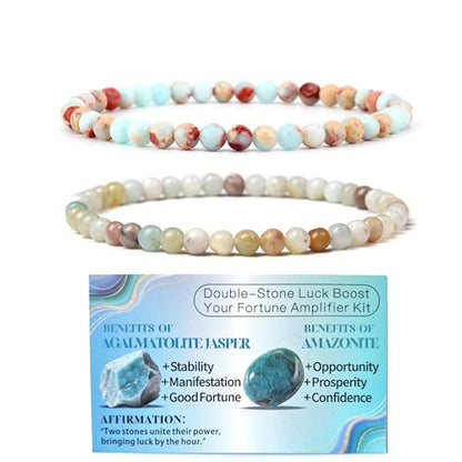 4mm 6mm 8mm Healing Crystal Bracelets for Women Men Natural Stone Beaded Stretch Bracelet Handmade Gemstone Reiki Spiritual Jewelry Gifts - color: Amazonite+Agalmatolite Jasper-Lucky, size: 4mm