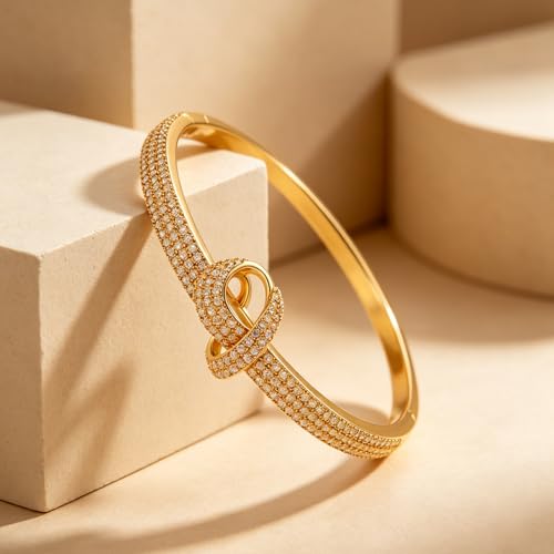 hotoo Gold Plated Bangle Bracelet for Women - style: Full Rhinestone Love Knot