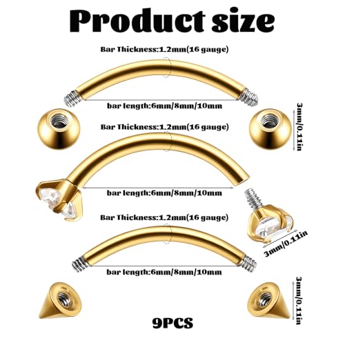 Eyebrow Piercing Jewelry, 9 Pcs Gold Jewelry Surgical Steel Curved Barbell Eyebrow Rings for Women Men CZ Tiny Labret Lip Navel Belly Button Helix Conch Daith Piercing 6mm/8mm/10mm